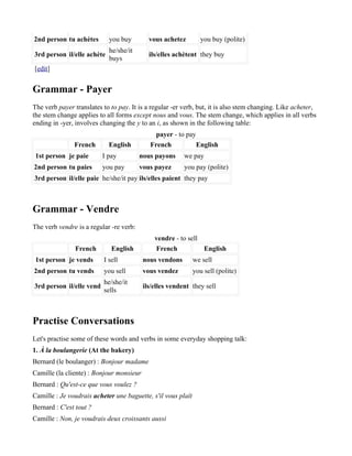 2nd person tu achètes       you buy         vous achetez         you buy (polite)
                            he/she/it
3rd person il/elle achète                   ils/elles achètent they buy
                            buys
[edit]


Grammar - Payer
The verb payer translates to to pay. It is a regular -er verb, but, it is also stem changing. Like acheter,
the stem change applies to all forms except nous and vous. The stem change, which applies in all verbs
ending in -yer, involves changing the y to an i, as shown in the following table:
                                              payer - to pay
               French       English         French           English
 1st person je paie       I pay          nous payons     we pay
2nd person tu paies       you pay        vous payez      you pay (polite)
3rd person il/elle paie he/she/it pay ils/elles paient they pay



Grammar - Vendre
The verb vendre is a regular -re verb:
                                              vendre - to sell
                French       English          French           English
 1st person je vends      I sell          nous vendons        we sell
2nd person tu vends       you sell        vous vendez         you sell (polite)
                          he/she/it
3rd person il/elle vend                   ils/elles vendent they sell
                          sells



Practise Conversations
Let's practise some of these words and verbs in some everyday shopping talk:
1. À la boulangerie (At the bakery)
Bernard (le boulanger) : Bonjour madame
Camille (la cliente) : Bonjour monsieur
Bernard : Qu'est-ce que vous voulez ?
Camille : Je voudrais acheter une baguette, s'il vous plaît
Bernard : C'est tout ?
Camille : Non, je voudrais deux croissants aussi
 