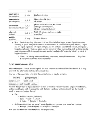 used
acute accent
                          é only         éléphant: elephant
(accent aigu)
grave accent                             fièvre: fever, là, there
                          è, à, ù
(accent grave)                           où: where
                                         gâteau: cake, être: to be, île: island,
circumflex           â, ê, î,
                                         chômage: unemployment,
(accent circonflexe) ô, û
                                         dû: past participle of devoir
diaeresis                                Noël: Christmas, maïs: corn, aigüe:
                          ë, ï, ü, ÿ**
(tréma)                                  acute(fem)*
cedilla
                       ç only      français: French
(cédille)
    • Note : As of the spelling reform of 1990, the diaresis indicating gu is not a digraph on words
        finishing in guë is now placed on the u in standard (AKA "académie française" French) : aigüe
        and not aiguë, cigüe and not ciguë, ambigüe and not ambiguë (acute(fem), conium, ambiguous).
        Since this reform is relatively recent and not known in vulgar surrounding, both spellings can be
        used interchangeably (you might even get a point knocked off if you write "aigüe" in a text, it
        happened to me!)
               •   Note : The letter ÿ is only used in very rare words, most old town names : L'Haÿ-Les-
                   Roses (Paris surburb). Pronounced like ï.

Acute accent, accent aigu

The acute accent (French, accent aigu) is the most common accent used in written French. It is only
used with the letter e and is always pronounced /ay/.
One use of the accent aigu is to form the past participle or regular -er verbs.
     infinitive           past participle
aimer, to love          aimé, loved
regarder, to watch regardé, watched
Another thing to note is if you are unsure of how to translate certain words into English from French,
and the word begins with é, replace that with the letter s and you will occasionally get the English
word, or an approximation thereof:
    •   Ex.:
               •   étable --> stable (for horses)
               •   école --> scole --> school
               •   il étudie --> il studie --> he studies
    •   And to combine what you already know about the accent aigu, here is one last example:
           • étranglé (from étrangler) --> stranglé --> strangled

NB: This will not work with every word that begins with é.
 
