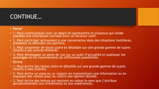 CONTINUE…
• Parler
• 1. Peut communiquer avec un degré de spontanéité et d'aisance qui rende
possible une interaction normale avec un locuteur natif.
• 2. Peut participer activement à une conversation dans des situations familières,
présenter et défendre ses opinions.
• 3. Peut s'exprimer de façon claire et détaillée sur une grande gamme de sujets
relatifs à ses centres d'intérêt.
• 4. Peut développer un point de vue sur un sujet d’actualité et expliquer les
avantages et les inconvénients de différentes possibilités.
• Écrire
• 1. Peut écrire des textes clairs et détaillés sur une grande gamme de sujets
relatifs à mes intérêts.
• 2. Peut écrire un essai ou un rapport en transmettant une information ou en
exposant des raisons pour ou contre une opinion donnée.
• 3. Peut écrire des lettres qui mettent en valeur le sens que j’attribue
personnellement aux événements et aux expériences.
 