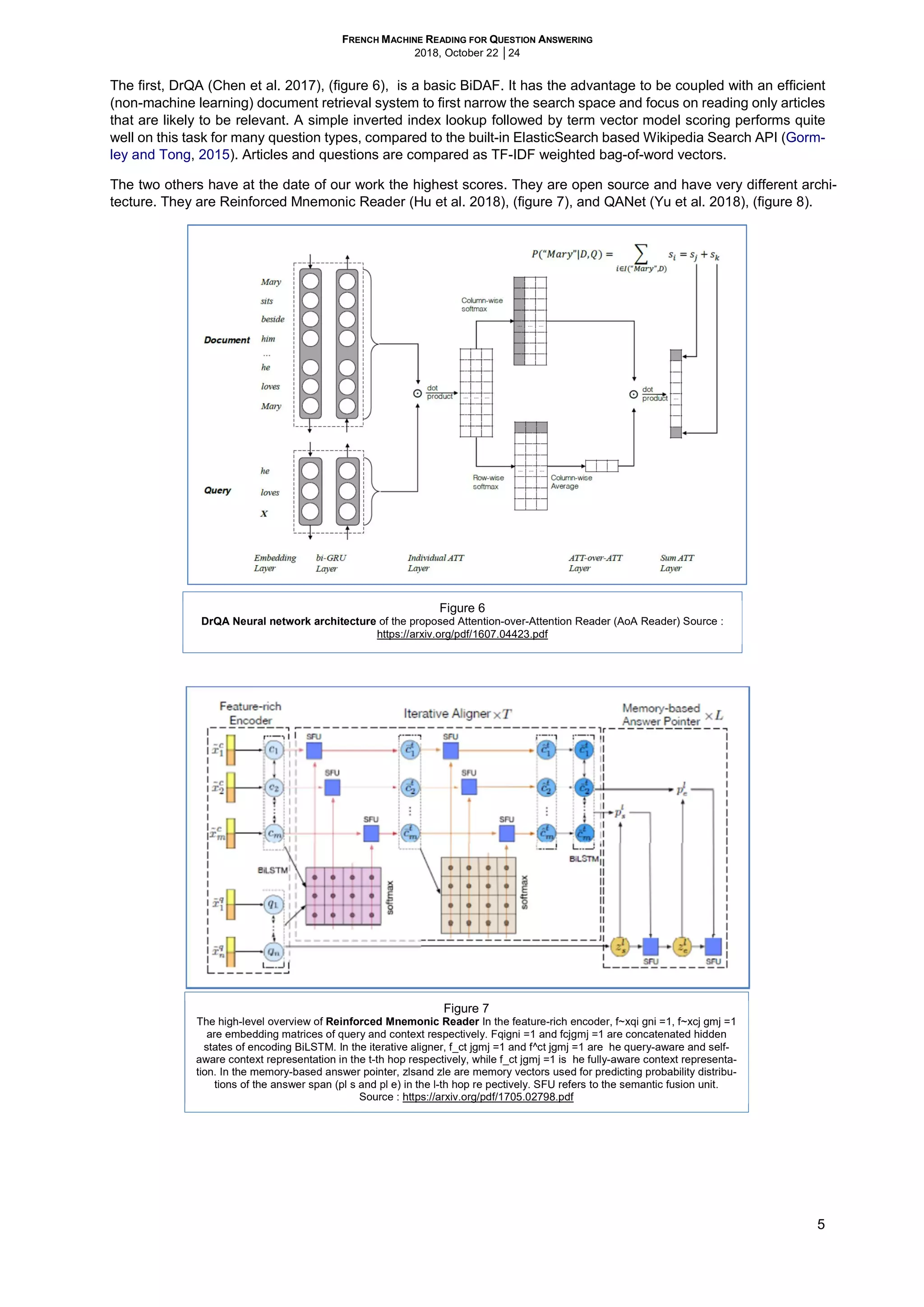 FRENCH MACHINE READING FOR QUESTION ANSWERING
2018, October 22 │24
5
The first, DrQA (Chen et al. 2017), (figure 6), is a basic BiDAF. It has the advantage to be coupled with an efficient
(non-machine learning) document retrieval system to first narrow the search space and focus on reading only articles
that are likely to be relevant. A simple inverted index lookup followed by term vector model scoring performs quite
well on this task for many question types, compared to the built-in ElasticSearch based Wikipedia Search API (Gorm-
ley and Tong, 2015). Articles and questions are compared as TF-IDF weighted bag-of-word vectors.
The two others have at the date of our work the highest scores. They are open source and have very different archi-
tecture. They are Reinforced Mnemonic Reader (Hu et al. 2018), (figure 7), and QANet (Yu et al. 2018), (figure 8).
Figure 6
DrQA Neural network architecture of the proposed Attention-over-Attention Reader (AoA Reader) Source :
https://arxiv.org/pdf/1607.04423.pdf
Figure 7
The high-level overview of Reinforced Mnemonic Reader In the feature-rich encoder, f~xqi gni =1, f~xcj gmj =1
are embedding matrices of query and context respectively. Fqigni =1 and fcjgmj =1 are concatenated hidden
states of encoding BiLSTM. In the iterative aligner, f_ct jgmj =1 and f^ct jgmj =1 are he query-aware and self-
aware context representation in the t-th hop respectively, while f_ct jgmj =1 is he fully-aware context representa-
tion. In the memory-based answer pointer, zlsand zle are memory vectors used for predicting probability distribu-
tions of the answer span (pl s and pl e) in the l-th hop re pectively. SFU refers to the semantic fusion unit.
Source : https://arxiv.org/pdf/1705.02798.pdf
 