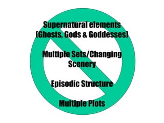 Supernatural elements
(Ghosts, Gods & Goddesses)
Multiple Sets/Changing
Scenery
Episodic Structure
Multiple Plots
 