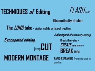 TECHNIQUES  of   Editing Discontinuity of shot Syncopated editing jump CUT A  disregard  of continuity editing MODERN MONTAGE FLASH  PANS RAPID REFRAMING  from one shot to another The  LONG  take  – static/ mobile or lateral tracking Break the rules –  CREATE  new ones – BREAK  THEM 