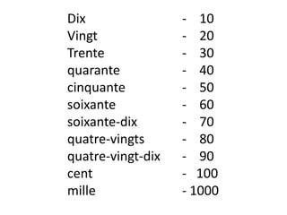 Dix - 10
Vingt - 20
Trente - 30
quarante - 40
cinquante - 50
soixante - 60
soixante-dix - 70
quatre-vingts - 80
quatre-vingt-dix - 90
cent - 100
mille - 1000
 