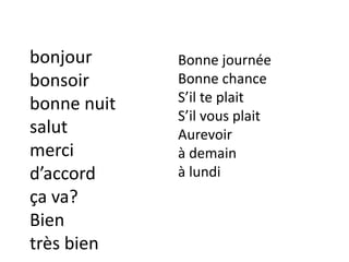 bonjour
bonsoir
bonne nuit
salut
merci
d’accord
ça va?
Bien
très bien
Bonne journée
Bonne chance
S’il te plait
S’il vous plait
Aurevoir
à demain
à lundi
 