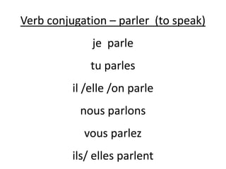 Verb conjugation – parler (to speak)
je parle
tu parles
il /elle /on parle
nous parlons
vous parlez
ils/ elles parlent
 