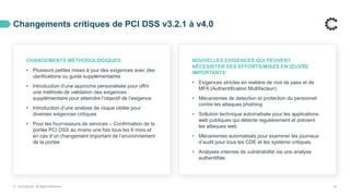 Changements critiques de PCI DSS v3.2.1 à v4.0
© ControlCase. All Rights Reserved. 20
CHANGEMENTS MÉTHODOLOGIQUES
• Plusieurs petites mises à jour des exigences avec des
clarifications ou guide supplémentaires
• Introduction d’une approche personalisée pour offrir
une méthode de validation des exigences
supplémentaire pour atteindre l’objectif de l’exigence
• Introduction d’une analyse de risque ciblée pour
diverses exigences critiques
• Pour les fournisseurs de services – Confirmation de la
portée PCI DSS au moins une fois tous les 6 mois et
en cas d’un changement important de l’environnement
de la portée
NOUVELLES EXIGENCES QUI PEUVENT
NÉCESSITER DES EFFORTS/MISES EN ŒUVRE
IMPORTANTS
• Exigences strictes en matière de mot de pass et de
MFA (Authentification Multifacteur)
• Mécanismes de detection et protection du personnel
contre les attaques phishing
• Sollution technique automatisée pour les applications
web publiques qui détecte regulièrement et prévient
les attaques web
• Mécanismes automatisés pour examiner les journaux
d’audit pour tous les CDE et les système critiques
• Analyses internes de vulnérabilité via une analyse
authentifiée
 