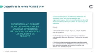 Objectifs de la norme PCI DSS v4.0
© ControlCase. All Rights Reserved. 27
AUGMENTER LA FLEXIBILITÉ
POUR LES ORGANISATIONS
UTILISANT DIFFÉRENTES
MÉTHODES POUR ATTEINDRE
LES OBJECTIFS DE
SÉCURITÉ.
Fournir plus d'options et différentes méthodes de
validation afin d'accroître la flexibilité des
organisations pour atteindre les objectifs de sécurité
et soutenir l'innovation en matière de technologie de
paiement.
Exemple :
Autorise l'utilisation de comptes de groupe, partagés et publics
avec des exceptions.
Introduction d'analyses de risques ciblées qui permettent aux
organisations de déterminer la fréquence d'exécution de certaines
activités.
L'introduction d'une nouvelle méthode d'approche personnalisée
pour valider les exigences PCI DSS, donne aux organisations une
autre option pour envisager des méthodes innovantes pour
atteindre leurs objectifs de sécurité.
 