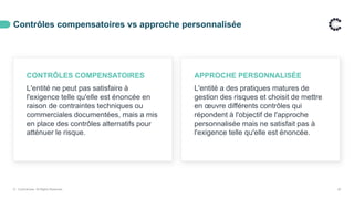 Contrôles compensatoires vs approche personnalisée
© ControlCase. All Rights Reserved. 29
CONTRÔLES COMPENSATOIRES
L'entité ne peut pas satisfaire à
l'exigence telle qu'elle est énoncée en
raison de contraintes techniques ou
commerciales documentées, mais a mis
en place des contrôles alternatifs pour
atténuer le risque.
APPROCHE PERSONNALISÉE
L'entité a des pratiques matures de
gestion des risques et choisit de mettre
en œuvre différents contrôles qui
répondent à l'objectif de l'approche
personnalisée mais ne satisfait pas à
l'exigence telle qu'elle est énoncée.
 