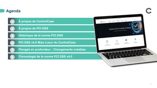 À propos de ControlCase
À propos de PCI DSS
Historique de la norme PCI DSS
PCI DSS v4.0 Mise à jour du ControlCase
Plongée en profondeur : Changements notables
Chronologie de la norme PCI DSS v4.0
Agenda
3
1
2
3
4
5
6
 