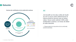 Solución
© ControlCase. All Rights Reserved. 6
Services de certification et de conformité continue
“
J'ai travaillé sur les deux côtés de l'audit.
Je n'ai vu aucun autre cabinet fournir le
même produit et service avec la même
valeur. Aucun autre cabinet n'offre cette
amélioration continue, ce niveau de détail
et cette réactivité.
— Responsable de la sécurité et de la conformité,
centre de données
ControlCase
Compliance Hub®
Axé sur l’automatisation
Services de Conformité
Continue
Approche
Partenariale
Services de Certification
Informatique
 