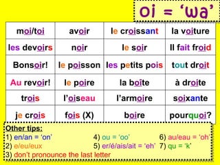 oi = ‘wa’ Other tips: 1)  en/an = ‘on’ 4)  ou = ‘oo’  6)  au/eau = ‘oh’ 2)  e/eu/eux 5)   er/é/ais/ait = ‘eh’ 7)  qu = ‘k ’ 3)  don’t pronounce the last letter m oi /t oi av oi r l e  cr oi ss an t la v oi ture l es  dev oi r s n oi r l e  s oi r Il f ait  fr oi d Bons oi r! l e  p oi sson l es  p e tits p oi s t ou t dr oi t Au  rev oi r! l e  p oi re la b oî te à dr oi te tr oi s l’ oi s eau l’arm oi re s oi x an te j e  cr oi s f oi s  (X) b oi re pour qu oi ? 