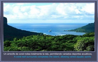 Un arrecife de coral rodea totalmente la isla, permitiendo variados deportes acuáticos,   A coral reef surrounds completely the island, allowing varied aquatic sports   