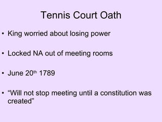 Tennis Court Oath King worried about losing power Locked NA out of meeting rooms June 20 th  1789 “ Will not stop meeting until a constitution was created” 