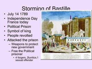 Storming of Bastille July 14 1789 Independence Day  in France today Political Prison Symbol of king People revolted Attacked the prison Weapons to protect new government Free the Political prisoner 4 forgers, 2lunitics,1 sexual offender 