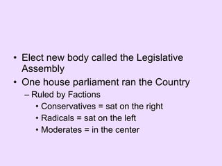 Elect new body called the Legislative Assembly One house parliament ran the Country Ruled by Factions Conservatives = sat on the right Radicals = sat on the left Moderates = in the center 