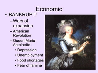 Economic BANKRUPT! Wars of expansion American Revolution Queen Marie Antoinette  Depression Unemployment Food shortages Fear of famine 