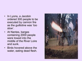 In Lyons, a Jacobin ordered 300 people to be executed by cannon fire as the guillotine was ‘too slow’. At Nantes, barges containing 2000 people were towed into the middle of the River Loire and sunk.  Birds hovered above the water, eating dead flesh. 
