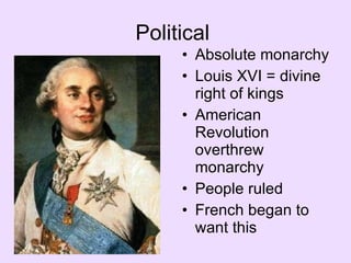 Political  Absolute monarchy Louis XVI = divine right of kings American Revolution overthrew monarchy People ruled French began to want this 