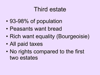 Third estate 93-98% of population Peasants want bread  Rich want equality (Bourgeoisie) All paid taxes No rights compared to the first two estates 
