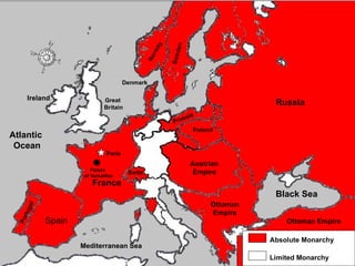 Absolute Monarchy Limited Monarchy Atlantic  Ocean Mediterranean Sea France Great  Britain Ireland Austrian Empire Prussia Spain Portugal Norway Sweden Ottoman Empire Denmark Poland Switz Black Sea Russia Ottoman Empire Paris Palace of Versailles 
