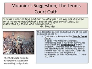 Mounier’s Suggestion, The Tennis
                  Court Oath
“Let us swear to God and our country that we will not disperse
until we have established a sound and just constitution, as
instructed by those who nominated us.”
                             -M. Mounier

                                The delegates agreed and all but one of the 578
                                delegates signed it.
                                    – Their oath is known as the Tennis Court
                                       Oath.
                                    – It said: "The National Assembly,
                                       considering that it has been summoned
                                       to establish the constitution of the
                                       kingdom... decrees that all members of
                                       this assembly shall immediately take a
                                       solemn oath not to separate... until the
                                       constitution of the kingdom is
                                       established on firm foundations..." June
                                       20, 1789
The Third Estate wanted a
national constitution and
were willing to fight for it.
 