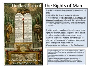Declaration of the Rights of Man
                                The National Assembly adopted it on August 26,
                                1789
                                Inspired by the American Declaration of
                                Independence, the Declaration of the Rights of
                                Man and the Citizen affirmed the rights of man
                                to “liberty, property, security, and resistance to
                                oppression.”

                                The Declaration proclaimed freedom and equal
                                rights for all men, access to public office based
                                on talent, and an end to exemptions from
                                taxation; all citizens were to have the right to
                                take part in the making of laws and freedom of
                                press and speech were affirmed.
                                Women were not included in the Declaration.

                                  "Men are born free and equal in their rights....These
                                  rights are liberty, property, security and resistance to
                                  oppression.
                                  The fundamental source of all sovereignty resides in
                                  the nation.
                                  The law is the expression of the general will. All
The Declaration of the Rights     citizens have the right to take part personally, or
                                  through representatives, in the making of the law."
   of Man and the Citizen
 