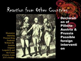 • Declarati
on of
Pillnitz-
Austria &
Prussia
Possible
foreign
interventi
on
Reaction from Other Countries
Illustration
depicting
Prussian King
Frederick
William III,
Austrian
Emperor
Leopold II, and
the Comte
d’Artois, Louis
XVI’s brother
 