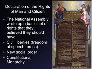 Declaration of the Rights
of Man and Citizen
• The National Assembly
wrote up a basic set of
rights that they
believed they should
have
• Civil liberties (freedom
of speech, press)
• New social order
• Constitutional
Monarchy
 