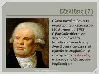  Ο λαός καταλαμβάνει τα
ανάκτορα του Κεραμεικού
(10 Αυγούστου 1792)
 Ο βασιλιάς τίθεται σε
περιορισμό από τη
Νομοθετική συνέλευση
 Ανατίθεται η εκτελεστική
εξουσία σε συμβούλιο με
επικεφαλής τον Δαντόν,
στέλεχος της Λέσχης των
Κορδελιέρων
ΦΑΤΣΗ ΑΘΑΝΑΣΙΑ ΦΙΛΟΛΟΓΟΣ
25
 