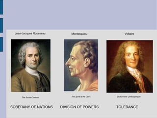 Jean-Jacques Rousseau
The Social Contract
Montesquieu
The Spirit of the Laws
Voltaire
Dictionnaire philosophique
TOLERANCEDIVISION OF POWERSSOBERANY OF NATIONS
 