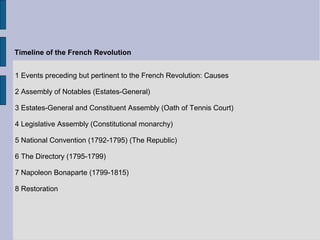 Timeline of the French Revolution
1 Events preceding but pertinent to the French Revolution: Causes
2 Assembly of Notables (Estates-General)
3 Estates-General and Constituent Assembly (Oath of Tennis Court)
4 Legislative Assembly (Constitutional monarchy)
5 National Convention (1792-1795) (The Republic)
6 The Directory (1795-1799)
7 Napoleon Bonaparte (1799-1815)
8 Restoration
 