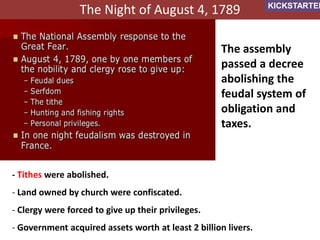 The Night of August 4, 1789
- Tithes were abolished.
- Land owned by church were confiscated.
- Clergy were forced to give...