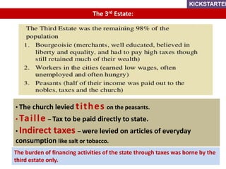 The burden of financing activities of the state through taxes was borne by the
third estate only.
• The church levied tith...