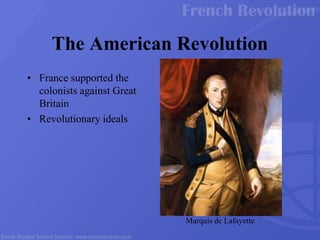 • France supported the
colonists against Great
Britain
• Revolutionary ideals
The American Revolution
Marquis de Lafayette
 