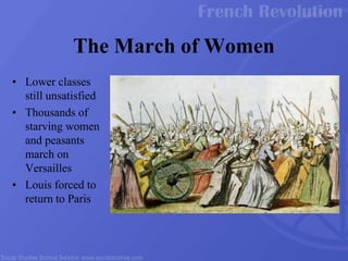 • Lower classes
still unsatisfied
• Thousands of
starving women
and peasants
march on
Versailles
• Louis forced to
return to Paris
The March of Women
 