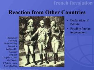 • Declaration of
Pillnitz
• Possible foreign
intervention
Reaction from Other Countries
Illustration
depicting
Prussian King
Frederick
William III,
Austrian
Emperor
Leopold II, and
the Comte
d’Artois, Louis
XVI’s brother
 