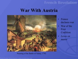 War With Austria
• France
declares war
• War of the
First
Coalition
• Levee en
masse
Painting of the Battle of Valmy, 1792
 