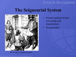 The Seigneurial System
• Feudal method of land
ownership and
organization
• Peasant labor
Receiving a seigneurial grant
 