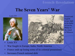 • Louis XV
• War fought in Europe, India, North America
• France ends up losing some of its colonial possessions
• Increases French national debt
The Seven Years’ War
Louis XV French and
English
troops fight
at the battle
of Fort St.
Philip on
the island
of Minorca
 