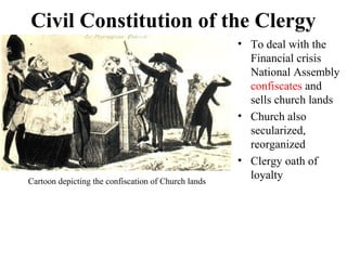• To deal with the
Financial crisis
National Assembly
confiscates and
sells church lands
• Church also
secularized,
reorganized
• Clergy oath of
loyalty
Civil Constitution of the Clergy
Cartoon depicting the confiscation of Church lands
 