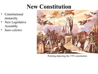 New Constitution
• Constitutional
monarchy
• New Legislative
Assembly
• Sans-culottes
Painting depicting the 1791 constitution
 