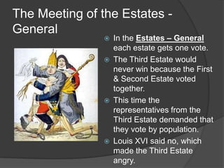 The Meeting of the Estates -
General
 In the Estates – General
each estate gets one vote.
 The Third Estate would
never win because the First
& Second Estate voted
together.
 This time the
representatives from the
Third Estate demanded that
they vote by population.
 Louis XVI said no, which
made the Third Estate
angry.
 