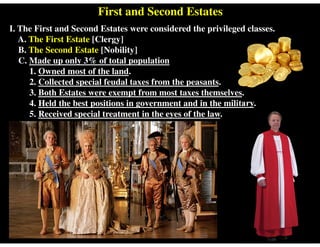 First and Second Estates
I. The First and Second Estates were considered the privileged classes.
A. The First Estate [Clergy]
B. The Second Estate [Nobility]
C. Made up only 3% of total population
1. Owned most of the land.
2. Collected special feudal taxes from the peasants.
3. Both Estates were exempt from most taxes themselves.
4. Held the best positions in government and in the military.
5. Received special treatment in the eyes of the law.
 