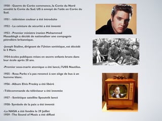 1950 - Guerre de Corée commence, la Corée du Nord
envahit la Corée du Sud. US à envoyé de l’aide en Corée du
Sud.
1951 - télévision couleur a été introduite
1952 - La ceinture de sécurité a été inventé
1953 - Premier ministre iranien Mohammed
Masaddegh a décidé de nationaliser une compagnie
pétrolière britannique.
-Joseph Staline, dirigeant de l'Union soviétique, est décédé
le 5 Mars.
1954-écoles publiques mises en œuvre enfants bruns dans
leur école après 20 ans.
-Premier sous-marin atomique a été lancé, l'USS Nautilus.
1955 - Rosa Parks n'a pas renoncé à son siège de bus à un
homme blanc.
1956 - Album Elvis Presley a été libéré
-Télécommande du téléviseur a été inventée
1957 - Soviétique satellite Spoutnik lancé
1958- Symbole de la paix a été inventé
-La NASA a été fondée le 29 Juillet
1959 - The Sound of Music a été diffusé

 