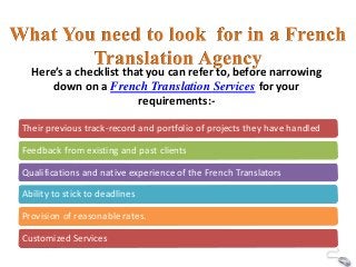 Here’s a checklist that you can refer to, before narrowing 
down on a French Translation Services for your 
Their previous track-record and portfolio of projects they have handled 
Feedback from existing and past clients 
Qualifications and native experience of the French Translators 
Ability to stick to deadlines 
Provision of reasonable rates. 
Customized Services 
requirements:- 
 