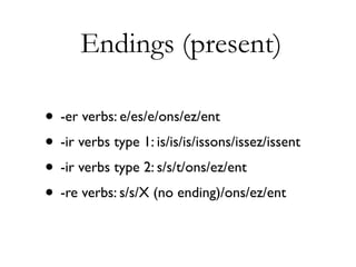 Endings (present)

• -er verbs: e/es/e/ons/ez/ent
• -ir verbs type 1: is/is/is/issons/issez/issent
• -ir verbs type 2: s/s/t/ons/ez/ent
• -re verbs: s/s/X (no ending)/ons/ez/ent
 