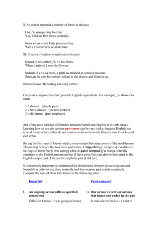 II. An action repeated a number of times in the past

     Oui, j'ai mangé cinq fois hier.
     Yes, I did eat five times yesterday.

     Nous avons visité Paris plusieurs fois.
     We've visited Paris several times.

III. A series of actions completed in the past

     Quand je suis arrivé, j'ai vu les fleurs.
     When I arrived, I saw the flowers.

     Samedi, il a vu sa mère, a parlé au médicin et a trouvé un chat.
     Saturday he saw his mother, talked to the doctor, and found a cat.

Related lesson: Repeating auxiliary verbs2


The passé composé has three possible English equivalents. For example, j'ai dansé can
mean

     1. I danced (simple past)
     2. I have danced (present perfect)
     3. I did dance (past emphatic)


One of the most striking differences between French and English is in verb tenses.
Learning how to use the various past tenses can be very tricky, because English has
several tenses which either do not exist in or do not translate literally into French - and
vice versa.

During the first year of French study, every student becomes aware of the troublesome
relationship between the two main past tenses. L'imparfait [je mangeais] translates to
the English imperfect [I was eating] while le passé composé [j'ai mangé] literally
translates to the English present perfect [I have eaten] but can also be translated as the
English simple past [I ate] or the emphatic past [I did eat].

It is extremely important to understand the distinctions between passé composé and
imparfait in order to use them correctly and thus express past events accurately.
Compare the uses of these two tenses in the following table.

        Imparfait1                                      Passé composé2


I.      An ongoing action with no specified          vs One or more events or actions
        completion                                      that began and ended in the past
        J'allais en France - I was going to France      Je suis allé en France - I went to
 