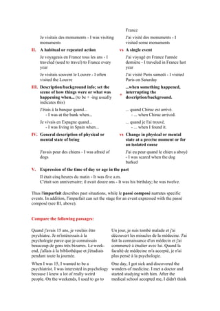 France
     Je visitais des monuments - I was visiting          J'ai visité des monuments - I
     monuments                                           visited some monuments
II. A habitual or repeated action                    vs A single event
     Je voyageais en France tous les ans - I             J'ai voyagé en France l'année
     traveled (used to travel) to France every           dernière - I traveled in France last
     year                                                year
     Je visitais souvent le Louvre - I often             J'ai visité Paris samedi - I visited
     visited the Louvre                                  Paris on Saturday
III. Description/background info; set the              ...when something happened,
     scene of how things were or what was              interrupting the
                                                     +
     happening when... (to be + -ing usually           description/background.
     indicates this)
     J'étais à la banque quand...                        ... quand Chirac est arrivé.
         - I was at the bank when...                          - ... when Chirac arrived.
     Je vivais en Espagne quand...                       ... quand je l'ai trouvé.
        - I was living in Spain when...                       - ... when I found it.
IV. General description of physical or               vs Change in physical or mental
    mental state of being                               state at a precise moment or for
                                                        an isolated cause
     J'avais peur des chiens - I was afraid of           J'ai eu peur quand le chien a aboyé
     dogs                                                - I was scared when the dog
                                                         barked
V. Expression of the time of day or age in the past
     Il était cinq heures du matin - It was five a.m.
     C'était son anniversaire; il avait douze ans - It was his birthday; he was twelve.

Thus l'imparfait describes past situations, while le passé composé narrates specific
events. In addition, l'imparfait can set the stage for an event expressed with the passé
composé (see III, above).


Compare the following passages:

Quand j'avais 15 ans, je voulais être            Un jour, je suis tombé malade et j'ai
psychiatre. Je m'intéressais à la                découvert les miracles de la médecine. J'ai
psychologie parce que je connaissais             fait la connaissance d'un médecin et j'ai
beaucoup de gens très bizarres. Le week-         commencé à étudier avec lui. Quand la
end, j'allais à la bibliothèque et j'étudiais    faculté de médecine m'a accepté, je n'ai
pendant toute la journée.                        plus pensé à la psychologie.
When I was 15, I wanted to be a                  One day, I got sick and discovered the
psychiatrist. I was interested in psychology     wonders of medicine. I met a doctor and
because I knew a lot of really weird             started studying with him. After the
people. On the weekends, I used to go to         medical school accepted me, I didn't think
 