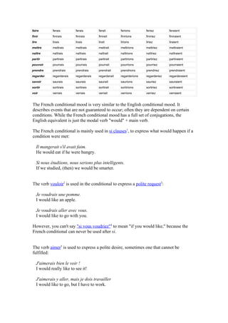 faire       ferais        ferais        ferait        ferions        feriez        feraient
finir       finirais      finirais      finirait      finirions      finiriez      finiraient
lire        lirais        lirais        lirait        lirions        liriez        liraient
mettre      mettrais      mettrais      mettrait      mettrions      mettriez      mettraient
naître      naîtrais      naîtrais      naîtrait      naîtrions      naîtriez      naîtraient
partir      partirais     partirais     partirait     partirions     partiriez     partiraient
pouvoir     pourrais      pourrais      pourrait      pourrions      pourriez      pourraient
prendre     prendrais     prendrais     prendrait     prendrions     prendriez     prendraient
regarder    regarderais   regarderais   regarderait   regarderions   regarderiez   regarderaient
savoir      saurais       saurais       saurait       saurions       sauriez       sauraient
sortir      sortirais     sortirais     sortirait     sortirions     sortiriez     sortiraient
voir        verrais       verrais       verrait       verrions       verriez       verraient


The French conditional mood is very similar to the English conditional mood. It
describes events that are not guaranteed to occur; often they are dependent on certain
conditions. While the French conditional mood has a full set of conjugations, the
English equivalent is just the modal verb "would" + main verb.

The French conditional is mainly used in si clauses1, to express what would happen if a
condition were met:

   Il mangerait s'il avait faim.
   He would eat if he were hungry.

   Si nous étudiions, nous serions plus intelligents.
   If we studied, (then) we would be smarter.


The verb vouloir2 is used in the conditional to express a polite request3:

   Je voudrais une pomme.
   I would like an apple.

   Je voudrais aller avec vous.
   I would like to go with you.

However, you can't say "si vous voudriez"4 to mean "if you would like," because the
French conditional can never be used after si.


The verb aimer5 is used to express a polite desire, sometimes one that cannot be
fulfilled:

   J'aimerais bien le voir !
   I would really like to see it!

   J'aimerais y aller, mais je dois travailler
   I would like to go, but I have to work.
 