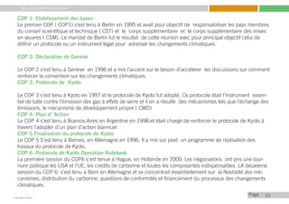 My Little COP Pocket Book
Kennedy Liti Mbeva
Pagec
COP 1: Etablissement des bases
Le premier COP ( COP1) s’est tenu à Berlin en 1995 et avait pour objectif de responsabiliser les pays membres
du conseil scientifique et technique ( CST) et le corps supplémentaire et le corps supplémentaire des mises
en œuvres ( CSM). Le mandat de Berlin fut le résultat de cette réunion avec pour principal objectif celui de
définir un protocole ou un instrument légal pour adresser les changements climatiques.
COP 2: Déclaration de Genève
Le COP 2 s’est tenu à Genève en 1996 et a mis l’accent sur le besoin d’accélérer les discussions sur comment
renforcer la convention sur les changements climatiques.
COP 3: Protocole de Kyoto
Le COP 3 s’est tenu à Kyoto en 1997 et le protocole de Kyoto fut adopté. Ce protocole était l’instrument essen-
tiel de lutte contre l’émission des gaz à effets de serre et il en a résulté des mécanismes tels que l’échange des
émissions, le mécanisme de développement propre ( CMD)
COP 4: Plan d’ Action
Le COP 4 s’est tenu à Buenos-Aires en Argentine en 1998,et était chargé de renforcer le protocole de Kyoto à
travers l’adopter d’un plan d’action biannuel
COP 5:Finalisation du protocole de Kyoto
Le COP 5 S’est tenu à Bernes, en Allemagne en 1996. Il a mis sur pied un programme de réalisation des
travaux du protocole de Kyoto.
COP 6: Protocole de Kyoto Operation Rulebook
La première session du COP6 s’est tenue à Hague, en Hollande en 2000. Les négociations ont pris une tour-
nure politique les USA et l’UE, les crédits de carbonne et toutes les composantes indispensables. LA deuxième
session du COP 6 s’est tenu à Bern en Allemagne et se concentrait essentiellement sur la flexibilité des mé-
canismes, distribution du carbonne, questions de conformités et financement du processus des changements
climatiques.
33
 